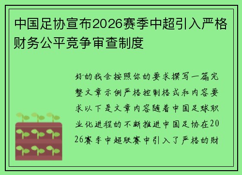 中国足协宣布2026赛季中超引入严格财务公平竞争审查制度